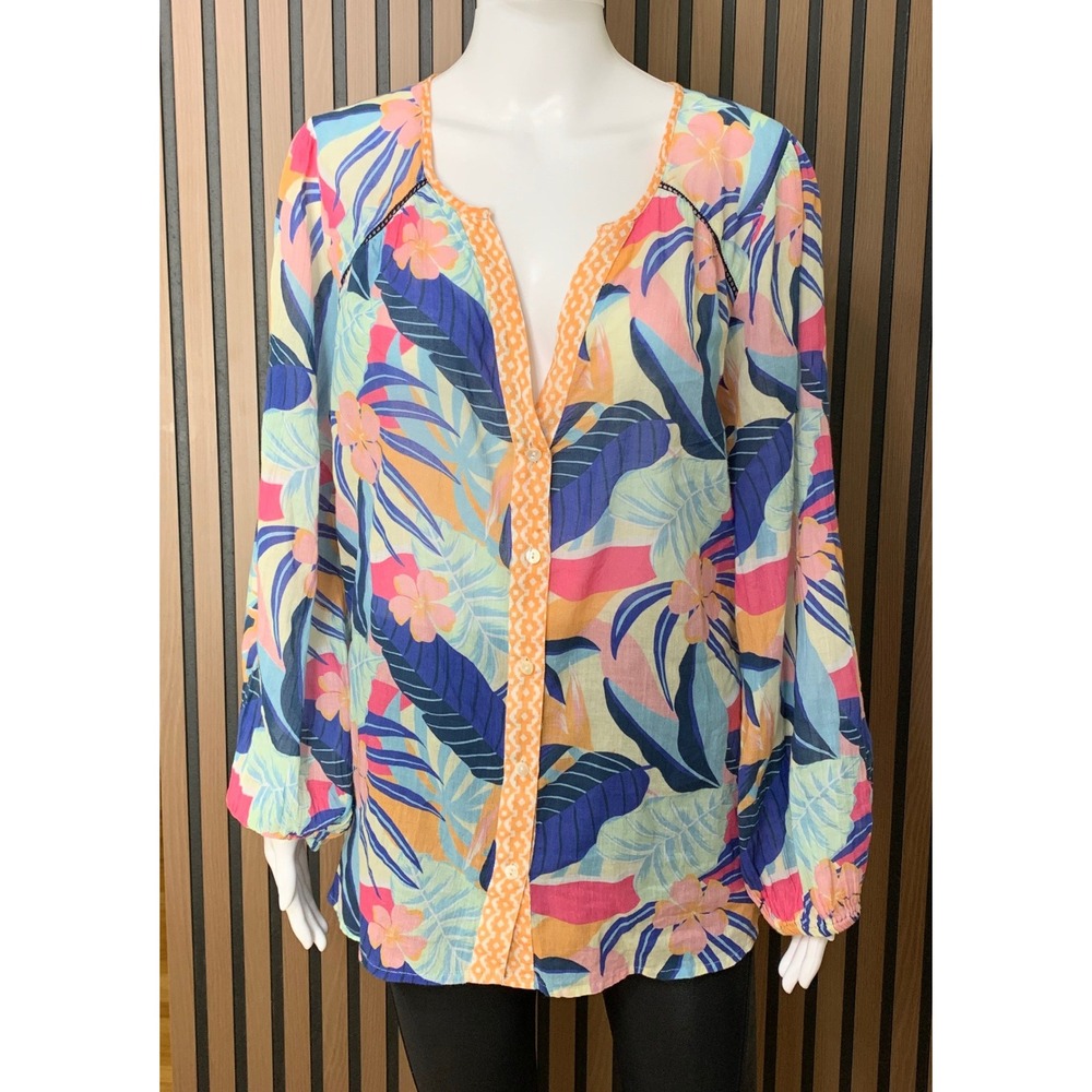 Sundance Women's Large Cotton Tropical Floral Button Front Blouse Blue Orange L
